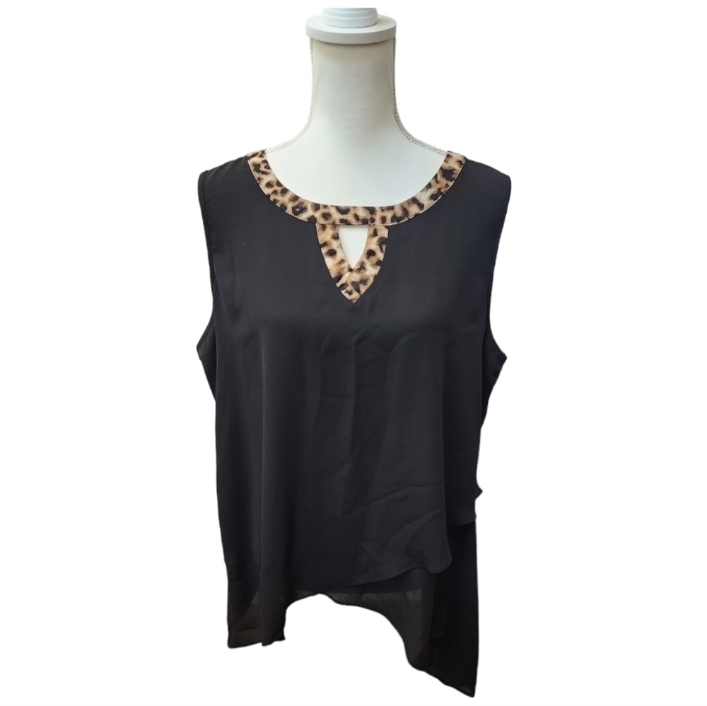 Cato Est. 1946 Black Animal Leopard Print Sleeveless Asymmetrical Blouse X-large - Picture 2 of 11
